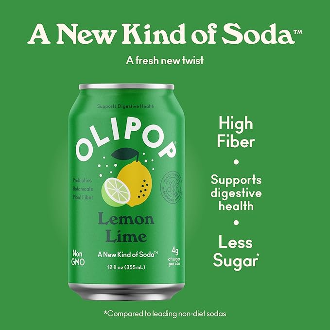 OLIPOP Prebiotic Soda Pop Lemon Lime A New Kind of Soda Packed with Prebiotics Fiber and Botanicals Gluten Free GMO Free 12oz (12-Cans)