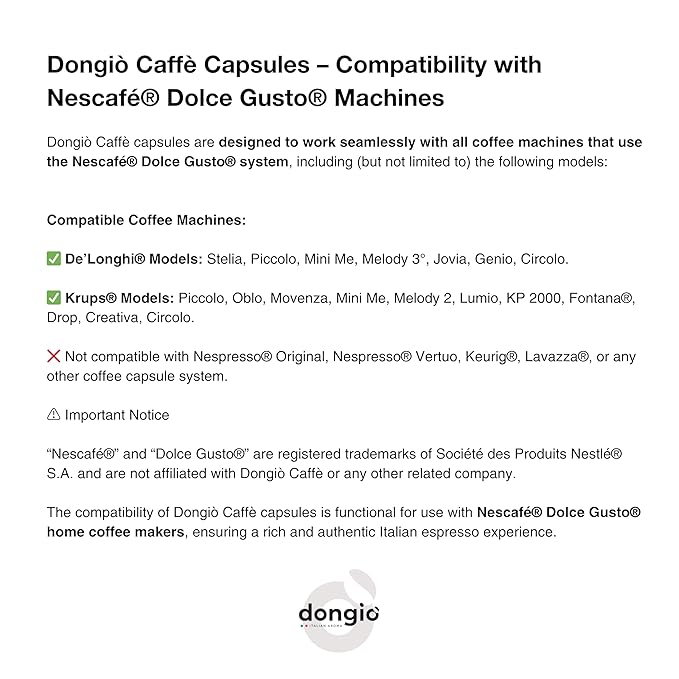 Dongiò Caffè Espresso Napoli Capsules Compatible with Nescafe Dolce Gusto system 100 Count of Single-Serve Coffee pods (5 Boxes of 20 capsules each) Dark Roast - Intensity 9/10