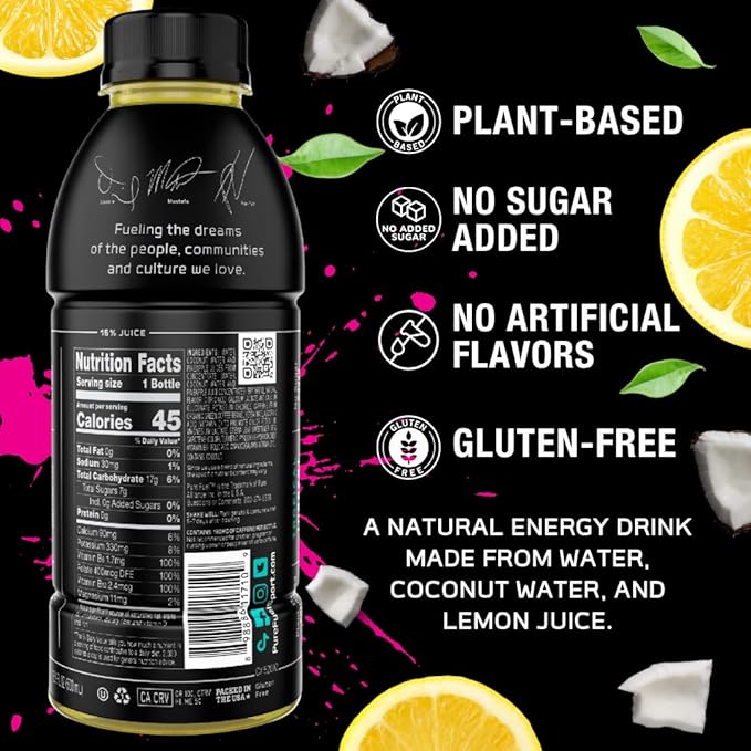 Pure Fuel Healthy Energy Drinks Limitless Lemonade - Sports Drinks - Plant Based - 180mg Natural Caffeine - 12pk x 16.9 fl oz