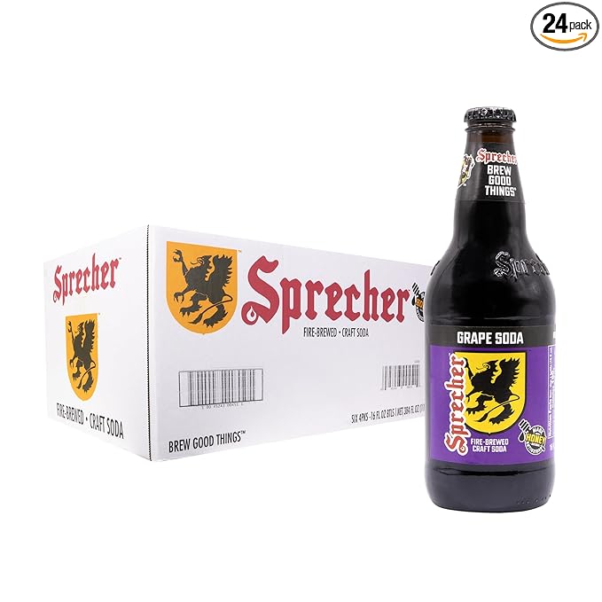 Sprecher Grape Soda in 16 fl oz Glass Bottles (24 Pack) Fire Brewed Craft Soda with Real Honey Bold Juicy Grape Flavor Naturally Flavored Gourmet Soft Drink