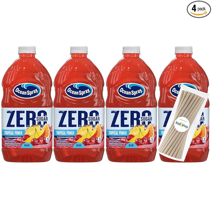 Ocean Spray Zero Sugar Tropical Punch Fruit Juice Drink 64 fl oz 4 Pack + 15 Sugarcane Disposable Straws by KOOL8SHOP Infinite Deals