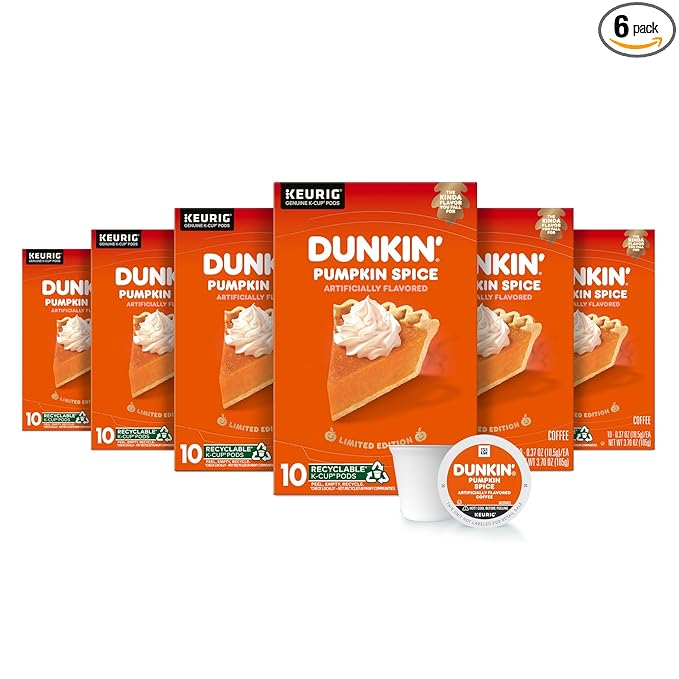 Dunkin’ Pumpkin Spice Coffee Limited Edition Fall Coffee K Cup Pods  10 Count Boxes (Pack of 6)