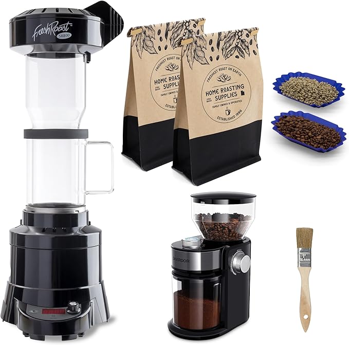 Fresh Roast Coffee Roaster Bundle SR800 Glass Extension Tube Burr Grinder (2 Lbs) Sample Pack of Green Beans (2- pack) Sample trays