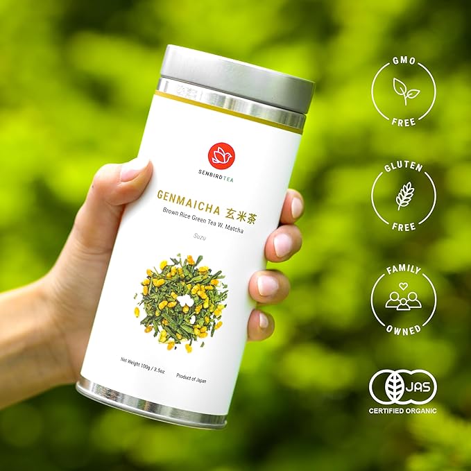 Senbird Premium Genmaicha With Matcha - Japanese Brown Rice Green Tea With Matcha - From Kyoto Japan - Loose Leaf Tea In Airtight Tea Tin (3.5oz/100g)