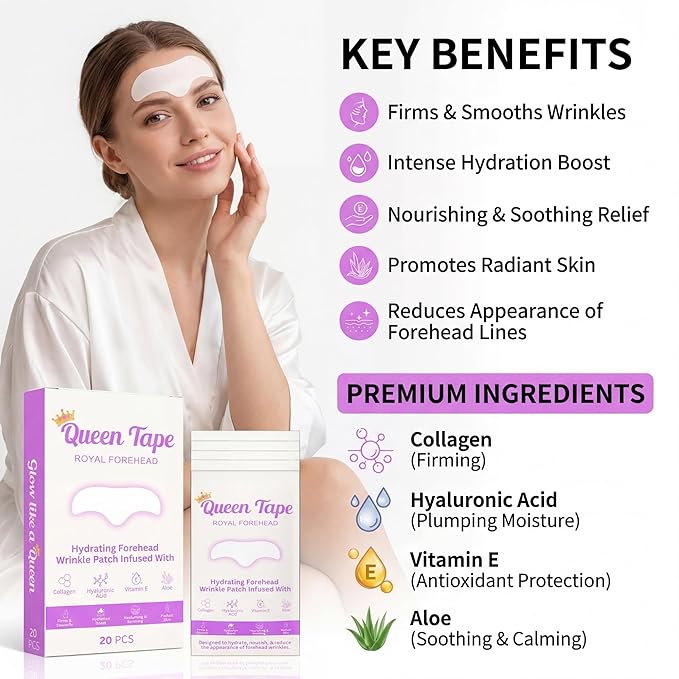 Queen Hydrating Royal Forehead Patches 20 Pcs Collagen Hyaluronic Acid Vitamin E Aloe Antie Wrinkle Beauty Treatment