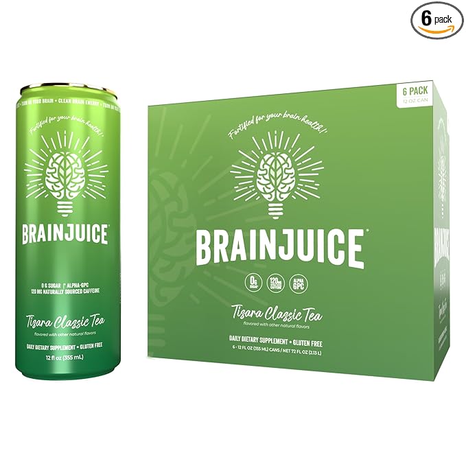 BrainJuice Brain Health Support Drink for Energy &amp Focus Vitamin C B5 B6 &amp B12 L Theanine Alpha GPC &amp Natural Caffeine from Green Tea Vegan Gluten Free Tisara Classic Tea 12 Oz Ca
