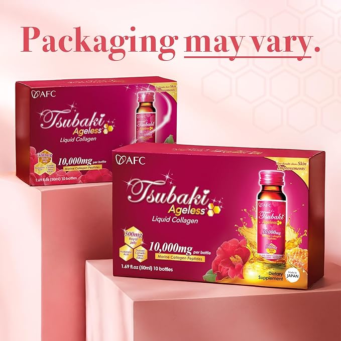 AFC Japan Tsubaki Ageless Liquid Collagen Drink for Women | 10000mg Marine Collagen Peptides 500mg Royal Jelly Hyaluronic Acid | Supports Skin Hydration &amp Elasticity 1.69 fl.oz x 10 Bottles (3P