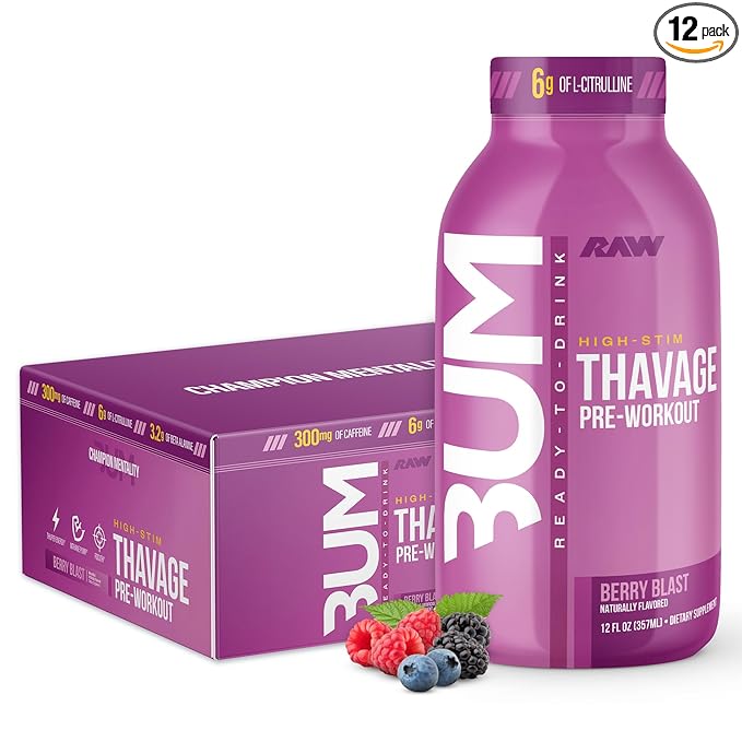 RAW Ready to Drink Pre-Workout Drink - BUM Thavage RTD Preworkout Shakes - Energy Supplement Drinks with Beta Alanine L-Citrulline &amp Caffeine - Zero Sugar (12 Pack Berry Blast)