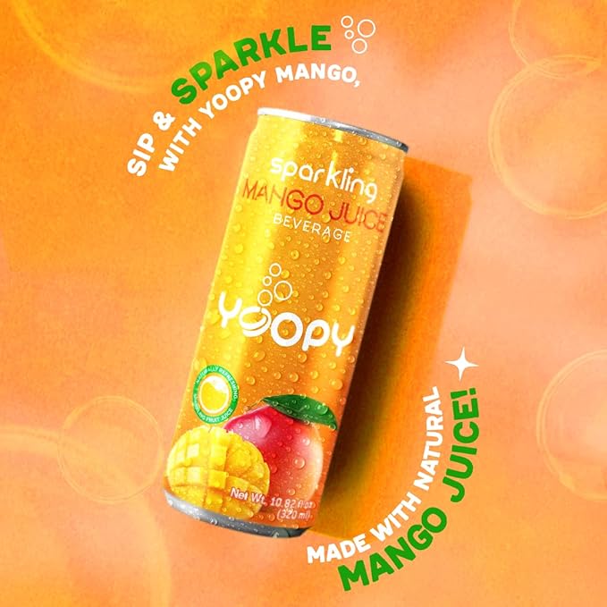 Yoopy Sparkling Mango Juice – 12-Pack (10.82 fl oz Cans) – 55% Mango Juice – No Added Sugar – Natural Hydration with Tropical Flavor – Ideal for Refreshing Moments