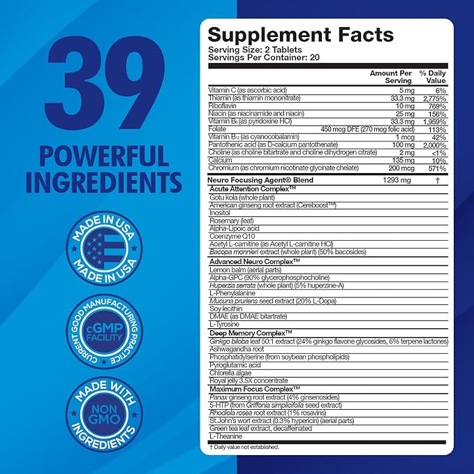 Focus Fast Brain Supplement - Improve Working Memory Enhance Focus Boost Cognition in as Little as 1 Hour. Caffeine/Stimulant Free Nootropic. 40 Tablets (20 Servings)