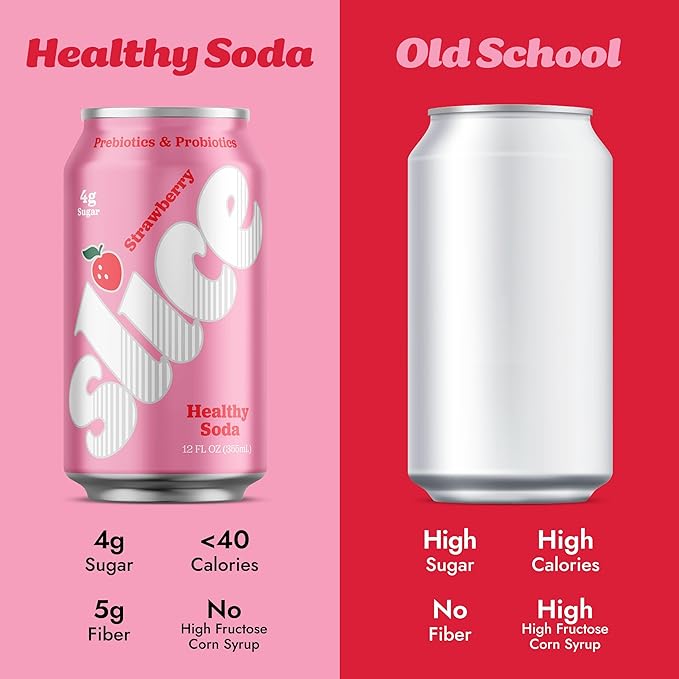 Slice Healthy Soda Strawberry Prebiotic &amp Probiotic Soda Pop 5g Fiber 35 calories 12 fl oz 12 Pack