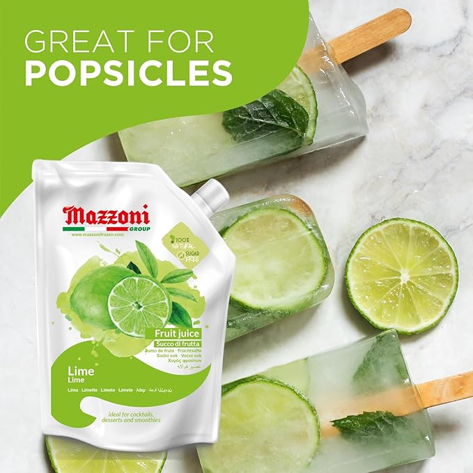 Mazzoni Real Lime Juice 100% Pure Just Lime Juice Not from Concentrate No Added Sugar or Ingredients 2.2 lbs (35.2 oz) Mixer for Cocktails Drinks Smoothies Convenient Pouch Made in Italy