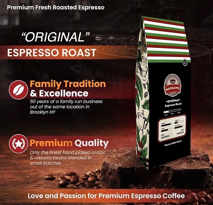 Nicoletti Coffee Original Espresso Roast Beans 2.20lb (Pack of 2) (Made in Brooklyn NY since 1972) Fresh Roasted Espresso with date.
