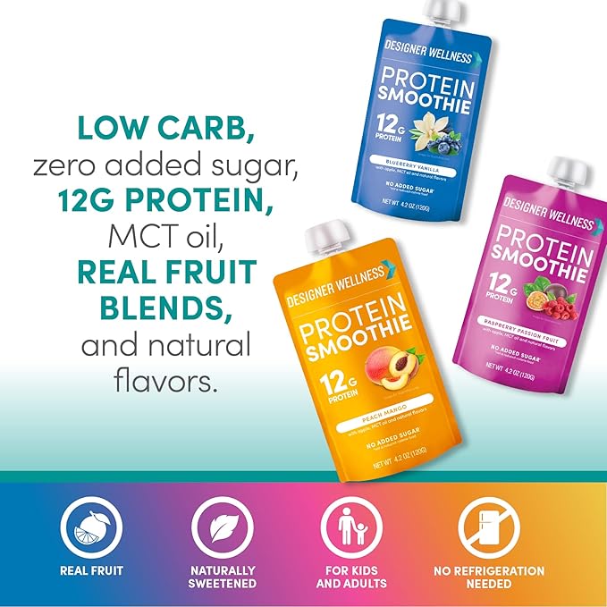 Designer Wellness Protein Smoothie Real Fruit 12g Protein Low Carb Zero Added Sugar Gluten-Free Non-GMO No Artificial Colors or Flavors Super Fruits Variety Pack 12 Count
