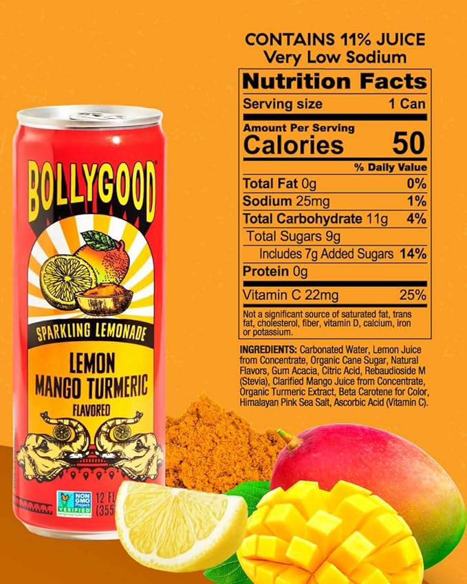 Bollygood Sparkling Lemonade Lemon Mango Turmeric Indian Inspired Beverage Nimbu Pani No Artifical Colors or Flavors Non-GMO Project Verified 12 FL OZ Cans (Pack of 12)