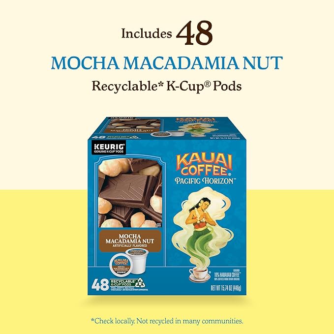 Kauai Coffee K-Cup Pods for Keurig Brewers – Arabica Coffee 10% Hawaiian – Medium Roast Savory and Chocolatey Aroma – Mocha Macadamia Nut 1 Pack of 48 Single Serve K-Cups