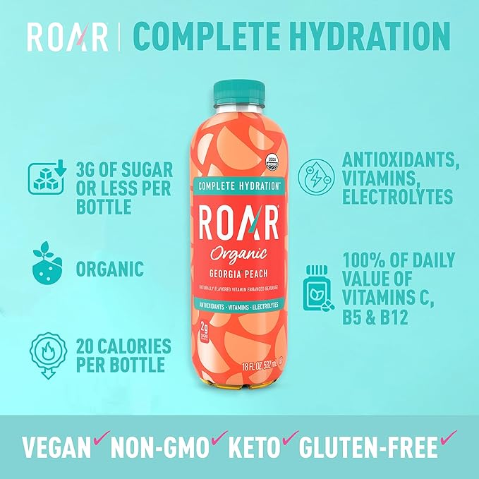 ROAR Complete Hydration Organic - Electrolyte Drinks Loaded with Vitamins C B5 B12 - Non-GMO Gluten-Free - Georgia Peach - 12 pc