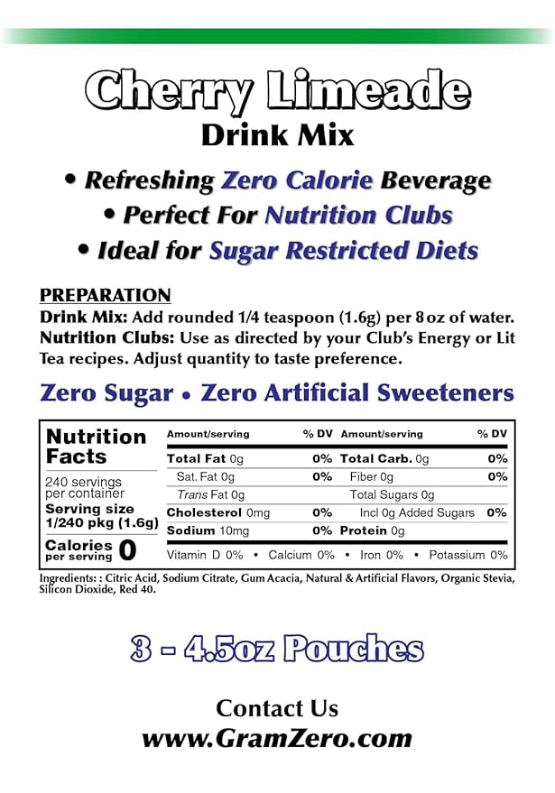 GramZero Cherry Limeade Zero Calorie Sugar Free Drink Mix Great For Nutrition Club Loaded Teas Stevia Sweetened