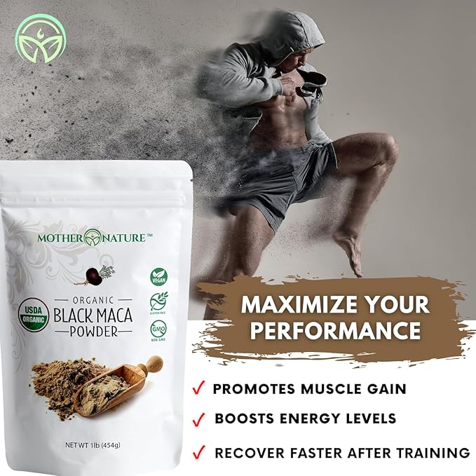 Black Maca Root Powder - Organic Peruvian Maca for Men - Strength Endurance &amp Performance Support - Raw Non-GMO USDA Certified - 16oz Bulk Supply
