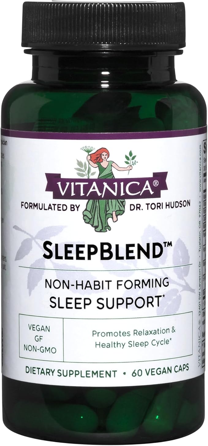 Vitanica Sleepblend Non Habit Forming Sleep Support Supplement with Melatonin Valerian Root Passionflower and Hops Vegan 60 Capsules