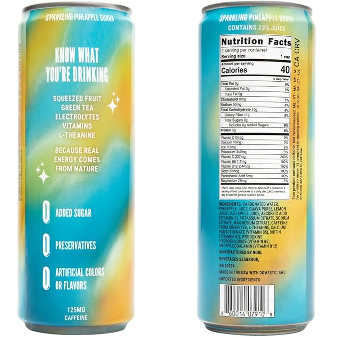 LivReal Clean Energy Drink – Organic Green Tea Caffeine 125mg + L-Theanine 100mg – Real Fruit No Sweeteners or Flavorings – Vitamin C &amp B Complex – Sparkling Pineapple Guava Water – 12 Pack 12 f