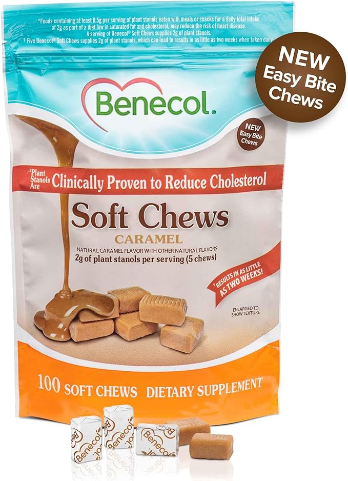 Benecol® Soft Chews – New Easy Bite Chew – with Plant Stanols Clinically Proven to Help Lower Cholesterol – Caramel Flavor – 100 Count Pouch
