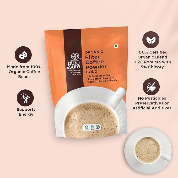 Pure &amp Sure Bold Organic Coffee Powder | Natural Ground Coffee Medium Roast | Robusta Coffee with Chicory | Ready to Use No Preservative Non-GMO | 200gm