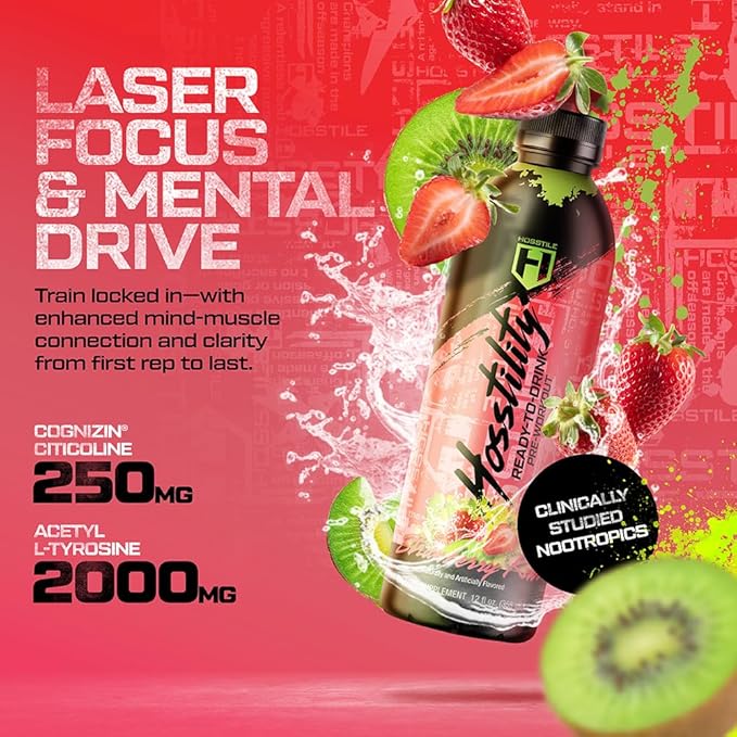 HOSSTILE Hosstility RTD Pre-Workout – Ready to Drink Pre Workout for Energy Focus Pump &amp Hydration All-in-One Formula for Performance Strawberry Kiwi 12 Servings