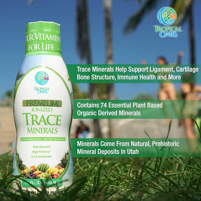 Tropical Oasis - Premium Ionized Plant Based Trace Minerals Liquid Formula- 74 essential minerals in liquid form for up to 96% Absorption - 16 oz 32 servings