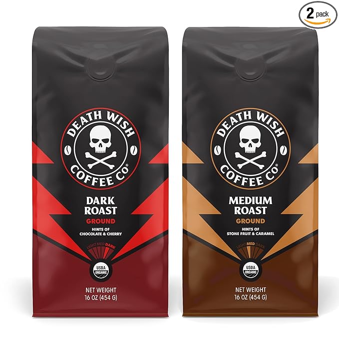 Death Wish Coffee Co. Ground Coffee Bundle Includes 1 Pack of Dark Roast (16 oz) and 1 Pack of Medium Roast (16 oz)