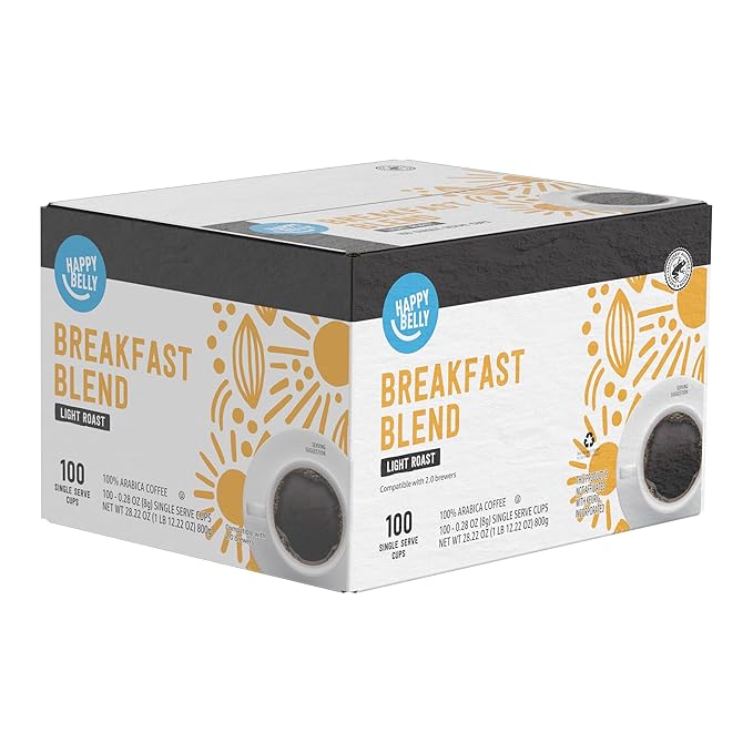 Amazon Brand - Happy Belly Light Roast Coffee Pods Breakfast Blend Compatible with Keurig 2.0 K-Cup Brewers 100 Count (Pack of 2)