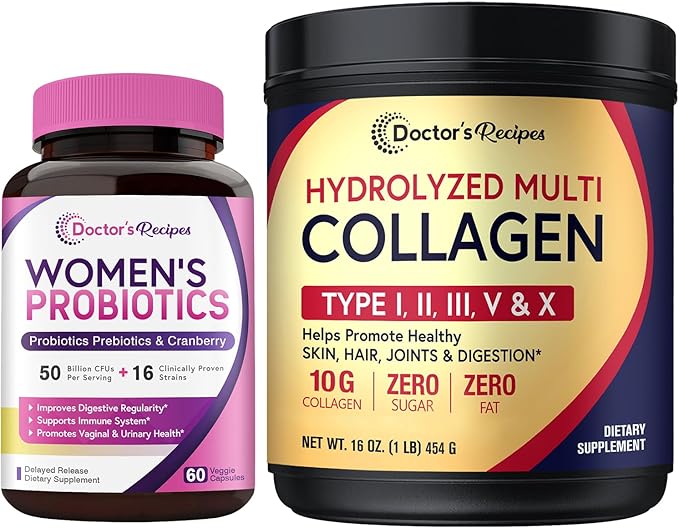 Doctor's Recipes Women’s Probiotics &amp Multi Collagen Powder Bundle Value Pack for Vaginal Skin Hair Nail Health No Gluten Pro (60 Capsules) &amp Collagen (45 Servings)