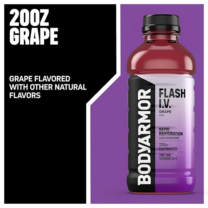 BODYARMOR Flash I.V. Electrolyte Beverage Grape Hydration Drink with Coconut Water For Rapid Rehydration Post Workout Recovery 20 Fl Oz (Pack of 12)