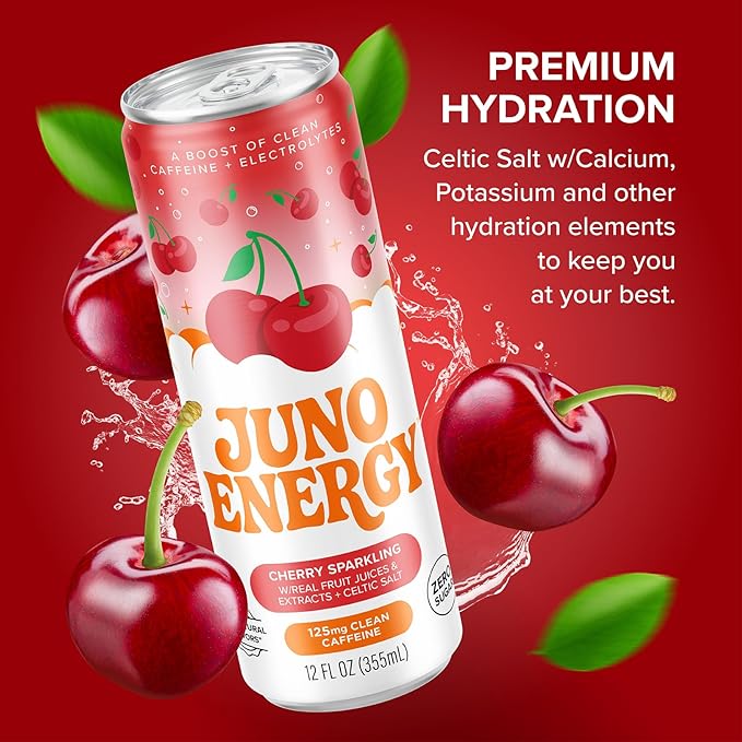 JUNO ENERGY Variety Pack - Sugar Free Electrolytes 125mg Organic Caffeine from Green Coffee Beans Hydrating with Stevia Sweetener Organic Lime &amp Cherry Juice - Vegan Gluten Free 12 Pack