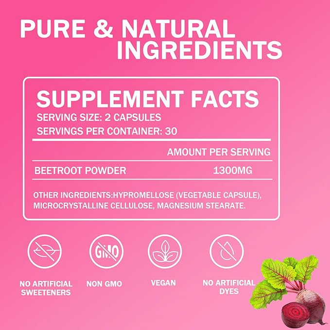 Beet Root Capsules – 1300mg Beetroot Powder for Natural Energy &amp Endurance Support Non-GMO 60 Capsules 30-Day Supply (2pcs)