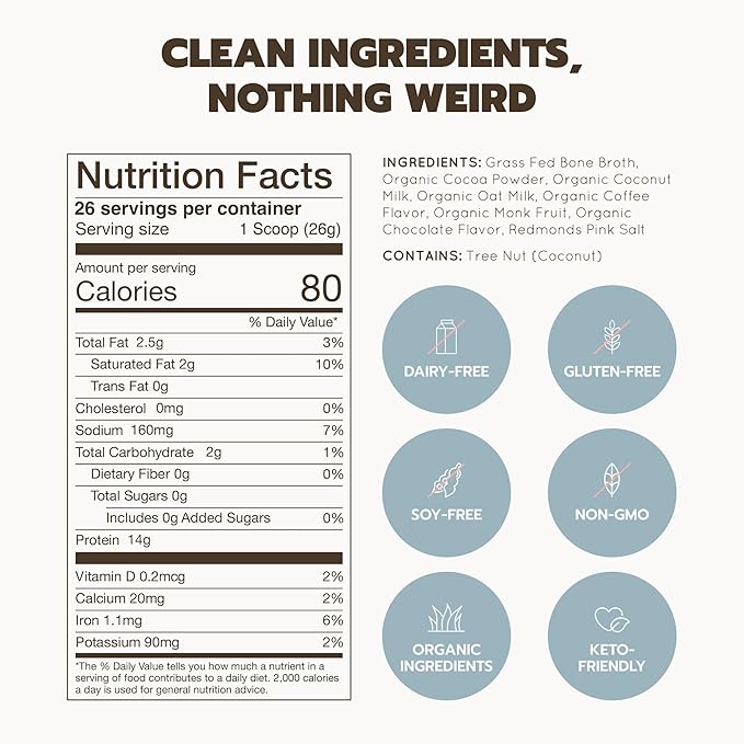 Bone Broth Protein Powder Grass Fed Collagen with 14g Complete Protein per Serving Gluten Free Keto &amp Dairy Free Organic &amp Clean Ingredients No Added Sugar Mocha 12 Servings
