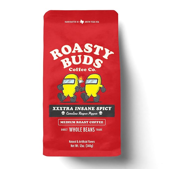 Roasty Buds XXXtra Spicy Carolina Reaper Coffee | Premium Arabica Whole Beans The Original Spicy Coffee (12 oz) | Gluten-Free No Sugar/Dairy/Soy/Egg Medium Roast Coffee (12 Ounce XXXtra Spicy Caro