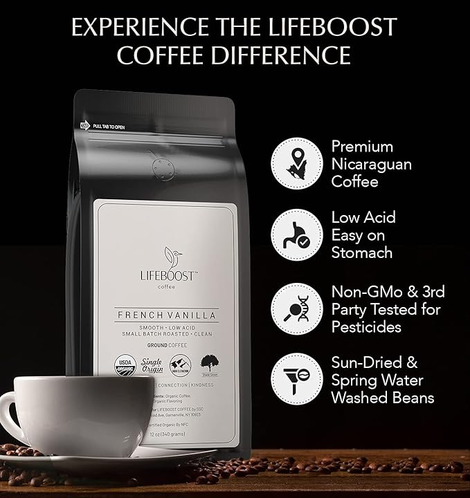 Lifeboost French Vanilla Ground Coffee - Non-GMO Low Acid Single Origin USDA Organic Coffee - Third Party Tested For Mycotoxins &amp Pesticides - 12 Ounces