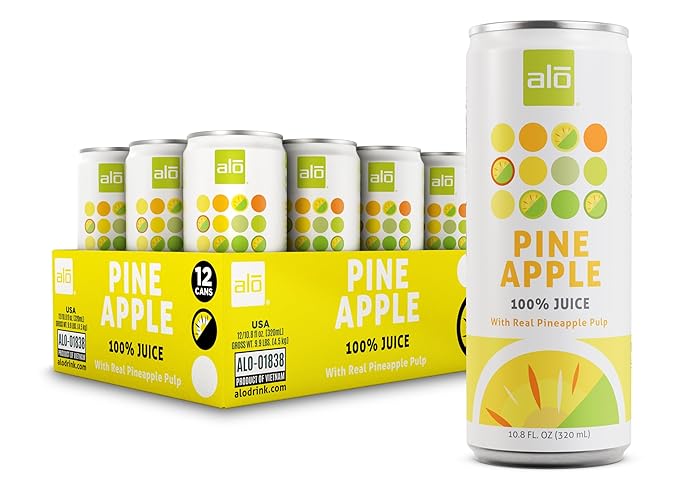 ALO Slim Can Juice Pineapple with Real Fruit Pulp| 10.82 fl oz Pack of 12 | Plant-Based Beverage 100% Natural Juice