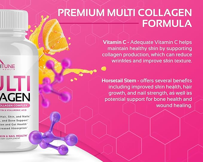 CogniTune Multi Collagen Peptides for Women with Biotin Hyaluronic Acid Vitamin C - 5 Types I II III V X Colageno Hidrolizado - 2000mg Hair Skin Nails Joints Support - 120 Capsules
