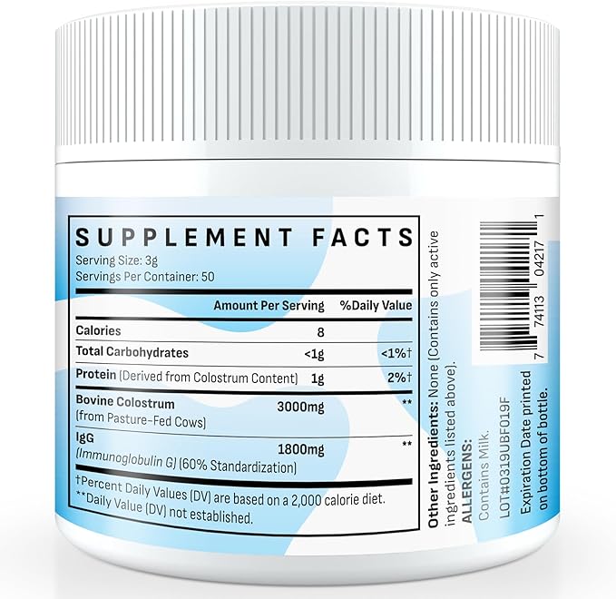 Bovine Colostrum Supplement Powder - 60% IgG 3000 mg for Gut Hair Growth Beauty and Immune Easy to Mix Unflavored (50 Servings)