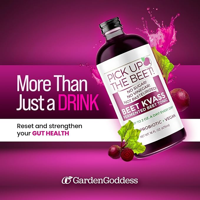 Pick Up The Beet Organic Beet Juice Kvass with Live Probiotics Vegan - Natural Nitric Oxide Boost Fermented Beet Tonic Sugar Cravings Support 32 Ounces 2 Bottles