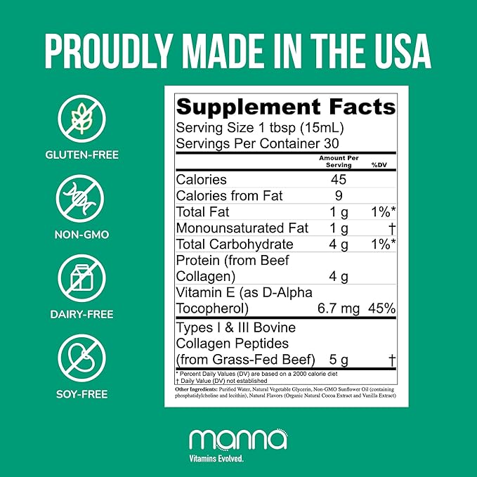 Manna Vitamins Evolved Liposomal Collagen Peptides Liquid 5000mg High Absorption Grass-Fed Type I III Collagen for Skin Hair Nails Joints – Hydrolyzed Collagen Supplement Non-GMO 16oz (Unisex)