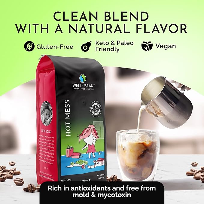 Well-Bean Coffee - Hot Mess Ground Coffee Nicaraguan Microlot Coffee Grounds Gluten-Free Keto Coffee Antioxidant Rich Coffee Ground Medium Roasted Coffee 2 lb