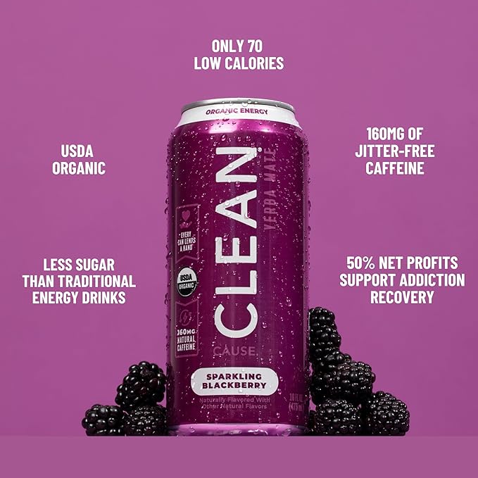 CLEAN Cause Low Calorie Raspberry and Blackberry USDA Organic Sparkling Yerba Mate Tea (16oz cans 2-12-Pack Case) Low Sugar 160mg Caffeine Healthy Alternative to Soda &amp Energy Drinks.