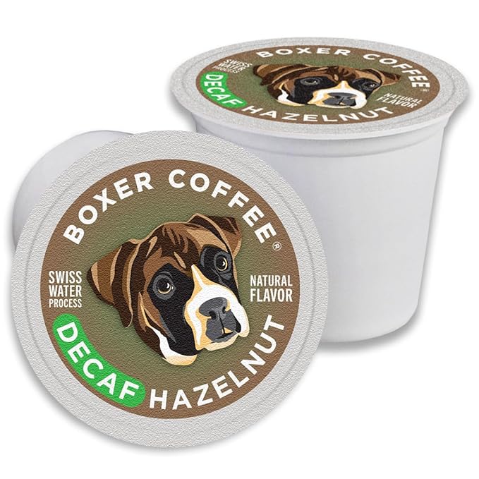 Boxer Coffee Swiss Water Process Decaf Hazelnut Naturally Flavored Pods compatible with Keurig K-Cup decaffeinated 48 count