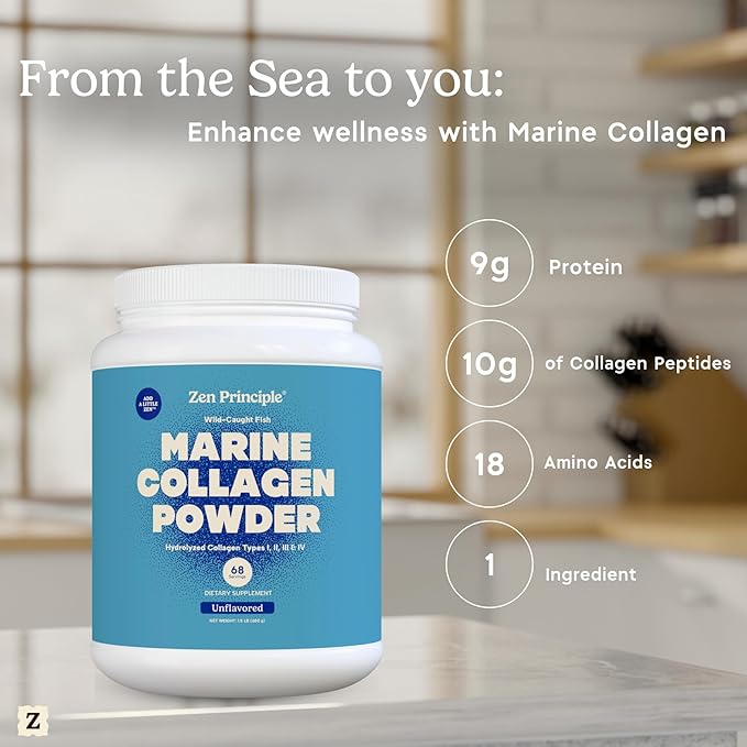 Zen Principle Marine Collagen Peptides Powder 1.5 lb. Wild-Caught Fish Non-GMO. Supports Healthy Skin Hair Joints and Bones.Hydrolyzed Type 1 &amp 3 Protein. Amino Acids.Unflavored Easy to Mix.