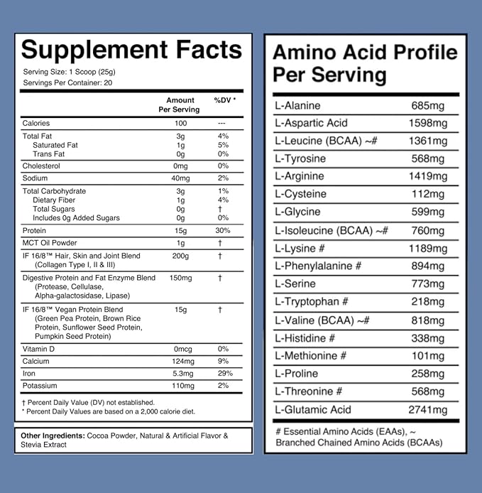 ifer 16-Hour Chocolate Collagen Protein/Type I II III Collagen / 15 Grams Vegan Protein / 18 Added Amino Acids/MCT Oil/Approved for Intermittent Fasting/Digestive Enzymes / 500 Grams
