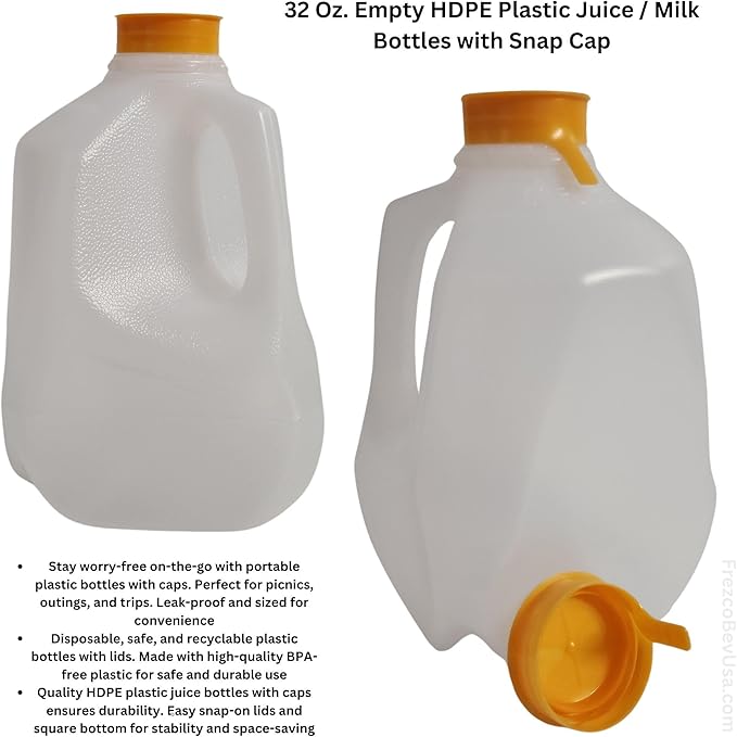 (12 Pack x 32 Oz Ea) Mini Milk Jugs Plastic With Orange Snap On Lid Empty Milk/Juice Jugs Use For Milk Brews Juice Teas Easy Grip Easy Pour Pitcher Elderly ...