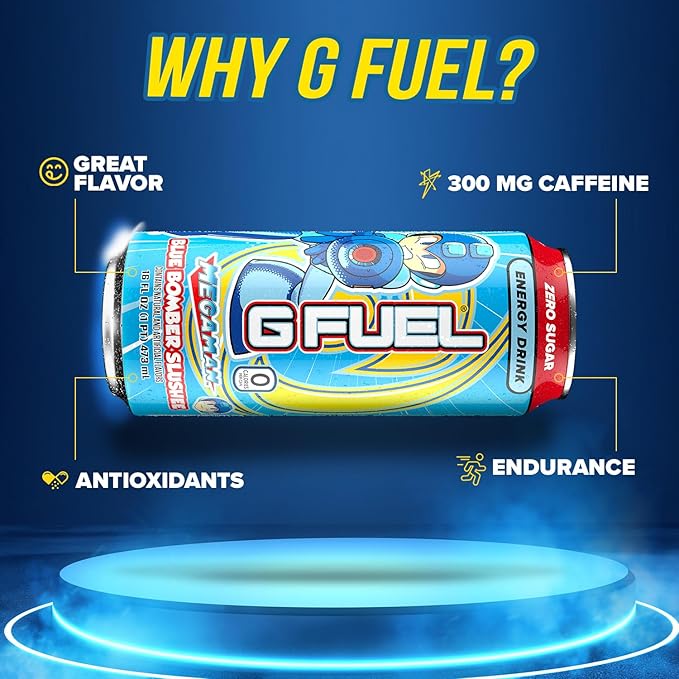 G Fuel Energy Drink Blue Raspberry Sugar Free Beverage with 300mg Caffeine Daily Energy Boost with Focus Amino Vitamin + Antioxidants 16 oz Cans (Megaman Blue Bomber 12-Pack)